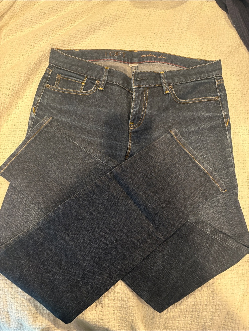 LOFT Straight Leg Jeans in Dark Indigo with Gold Stitching